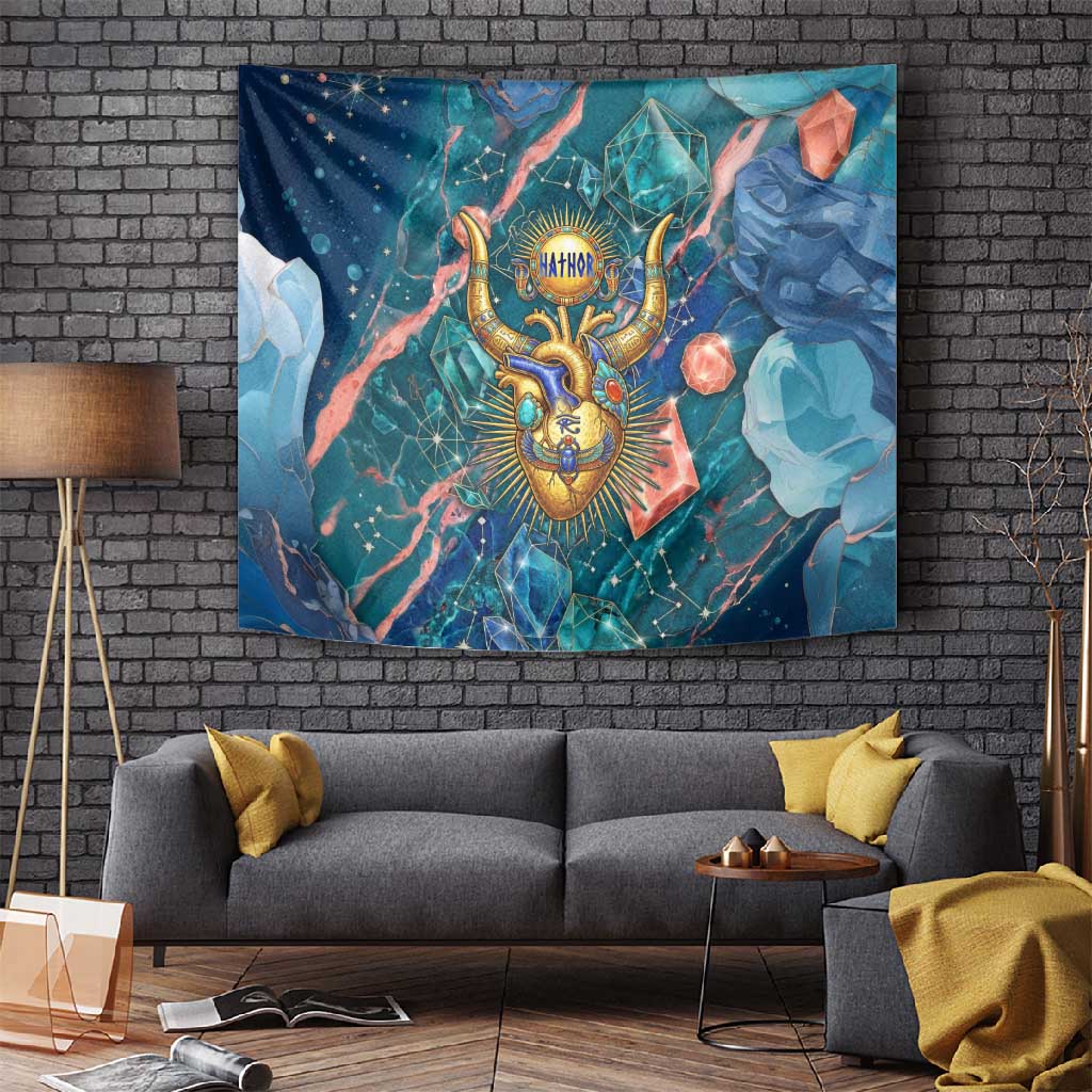 Hathor Golden Sacred Heart Egyptian Tapestry with Gemstone Pattern in Turquoise Theme