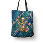 Hathor Golden Sacred Heart Egyptian Tote Bag with Gemstone Pattern in Turquoise Theme
