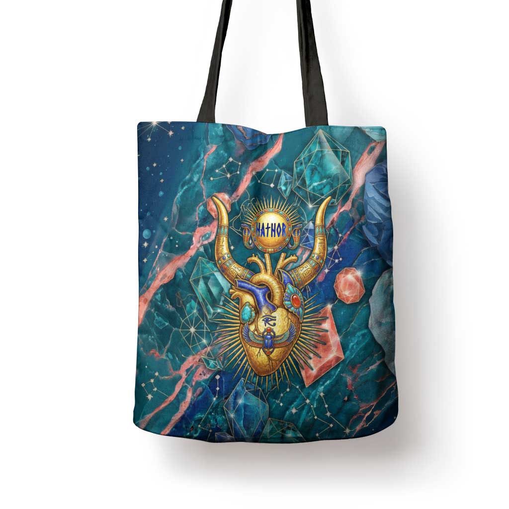 Hathor Golden Sacred Heart Egyptian Tote Bag with Gemstone Pattern in Turquoise Theme