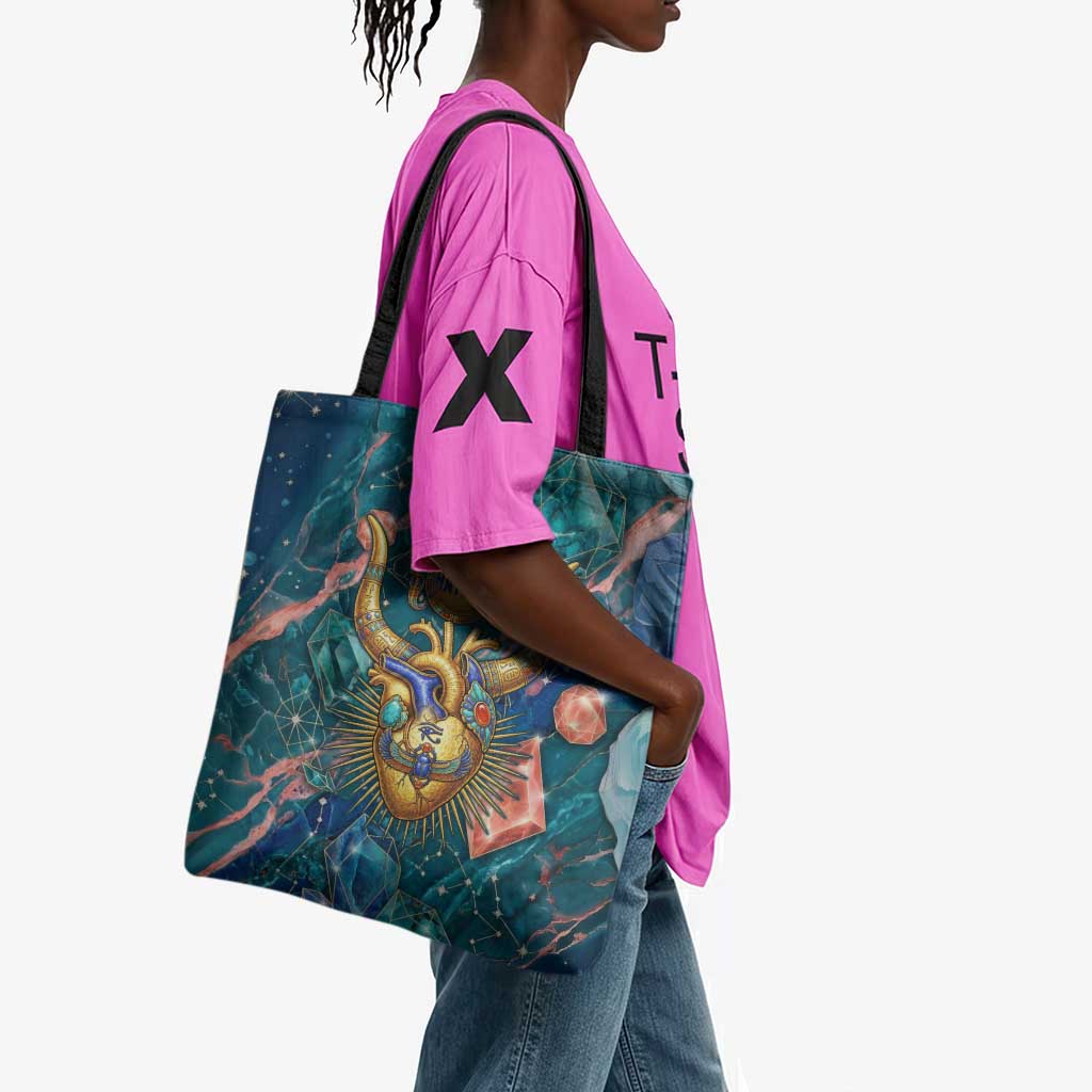 Hathor Golden Sacred Heart Egyptian Tote Bag with Gemstone Pattern in Turquoise Theme