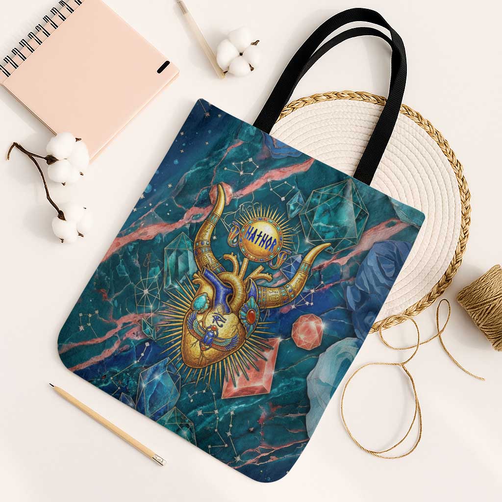 Hathor Golden Sacred Heart Egyptian Tote Bag with Gemstone Pattern in Turquoise Theme