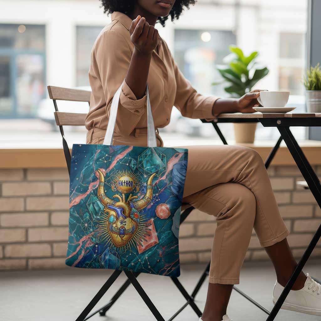 Hathor Golden Sacred Heart Egyptian Tote Bag with Gemstone Pattern in Turquoise Theme
