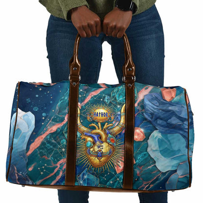 Hathor Golden Sacred Heart Egyptian Travel Bag with Gemstone Pattern in Turquoise Theme