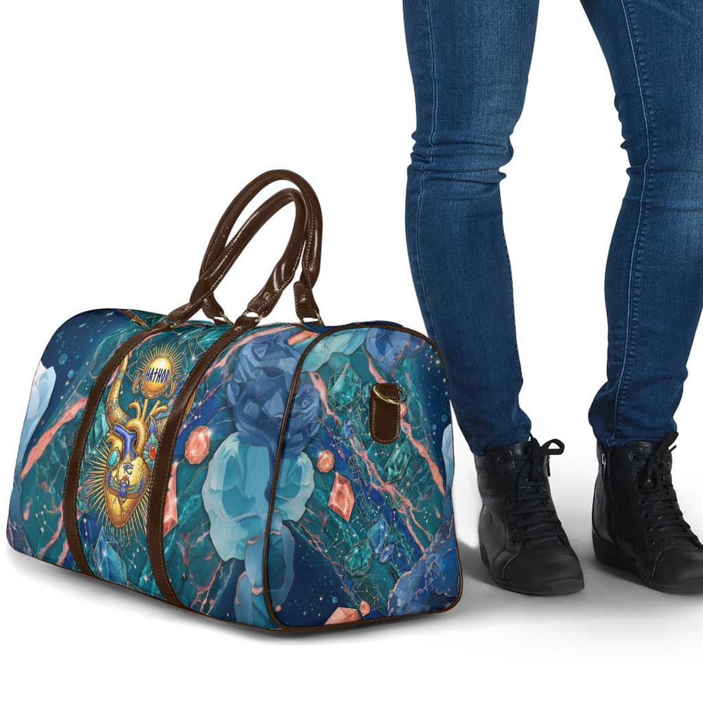 Hathor Golden Sacred Heart Egyptian Travel Bag with Gemstone Pattern in Turquoise Theme