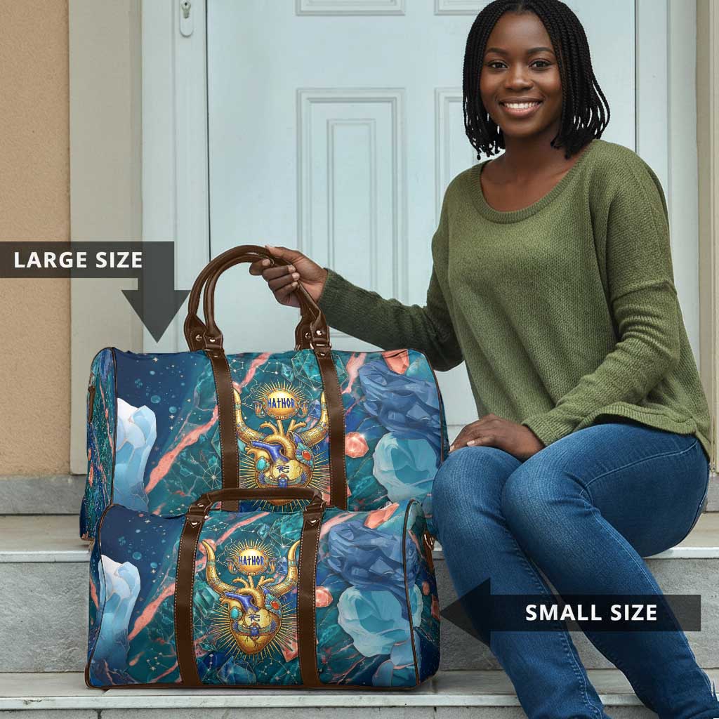Hathor Golden Sacred Heart Egyptian Travel Bag with Gemstone Pattern in Turquoise Theme