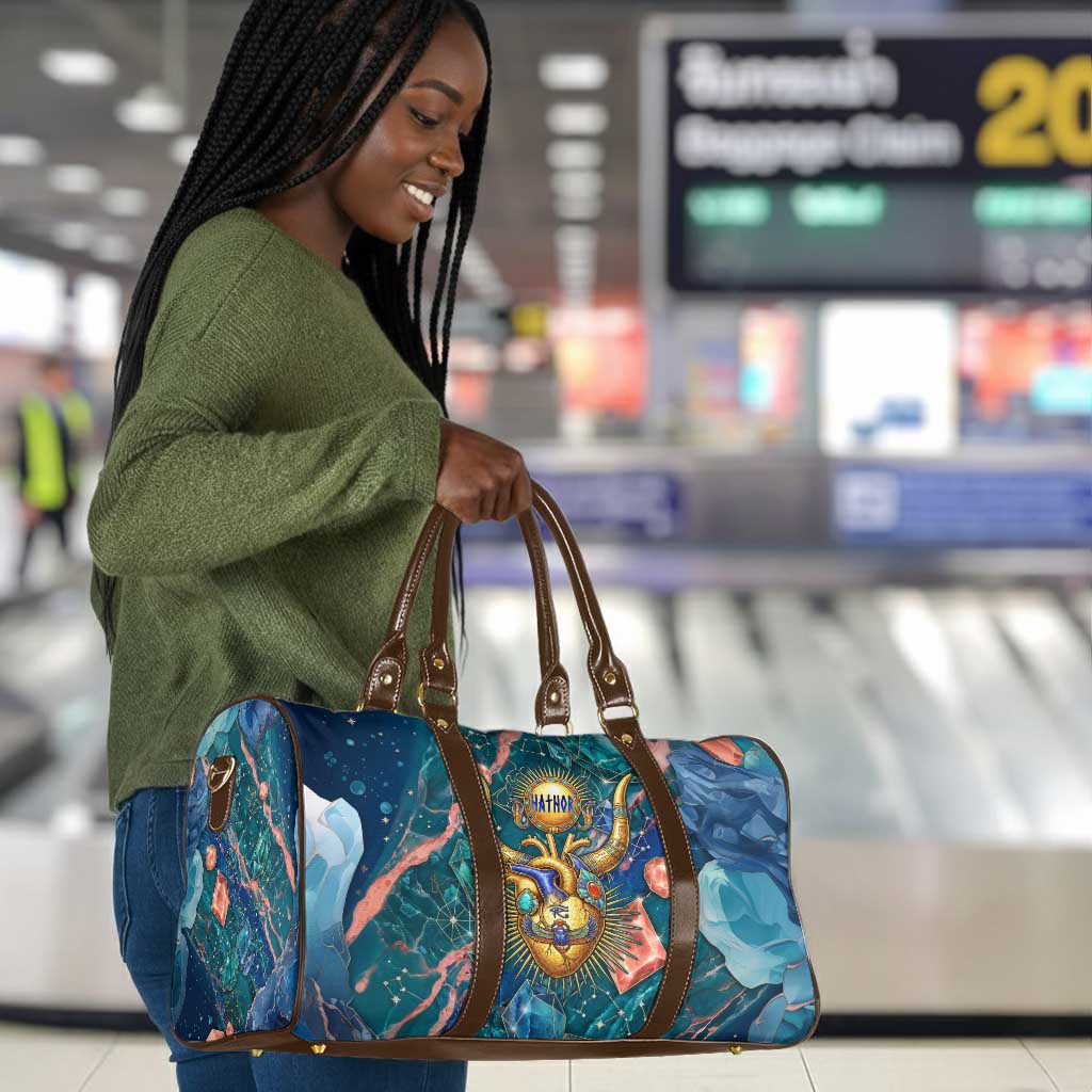 Hathor Golden Sacred Heart Egyptian Travel Bag with Gemstone Pattern in Turquoise Theme