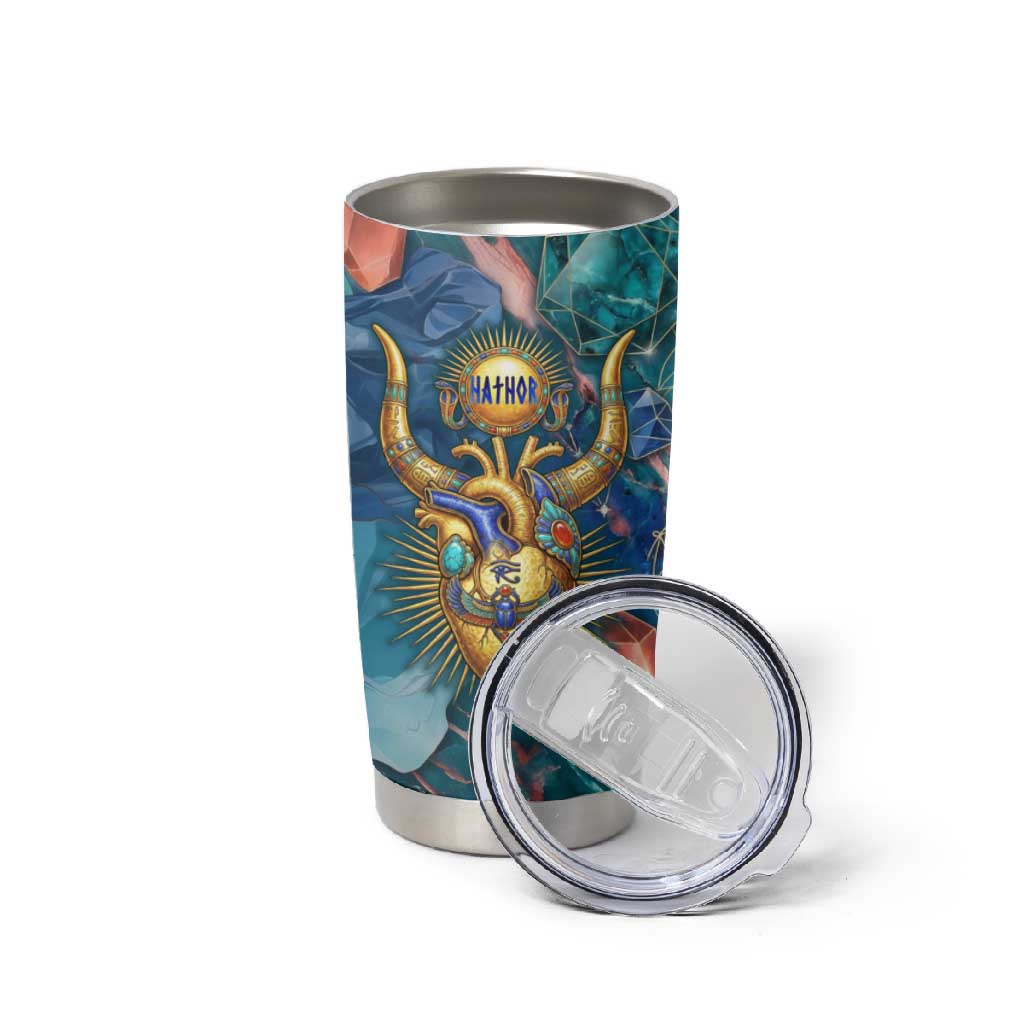 Hathor Golden Sacred Heart Egyptian Tumbler Cup with Gemstone Pattern in Turquoise Theme