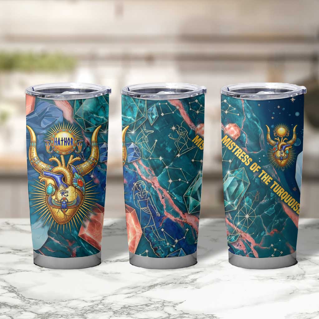 Hathor Golden Sacred Heart Egyptian Tumbler Cup with Gemstone Pattern in Turquoise Theme