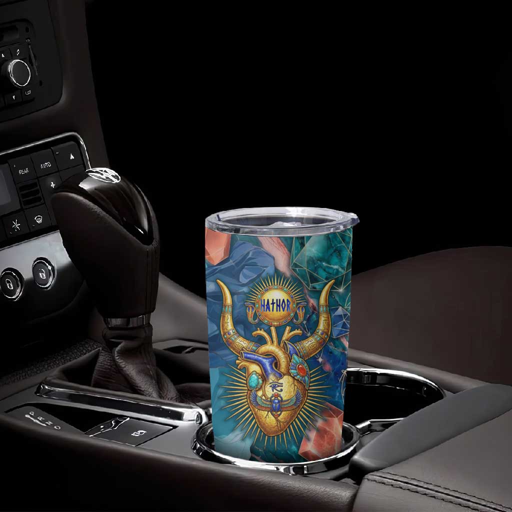 Hathor Golden Sacred Heart Egyptian Tumbler Cup with Gemstone Pattern in Turquoise Theme