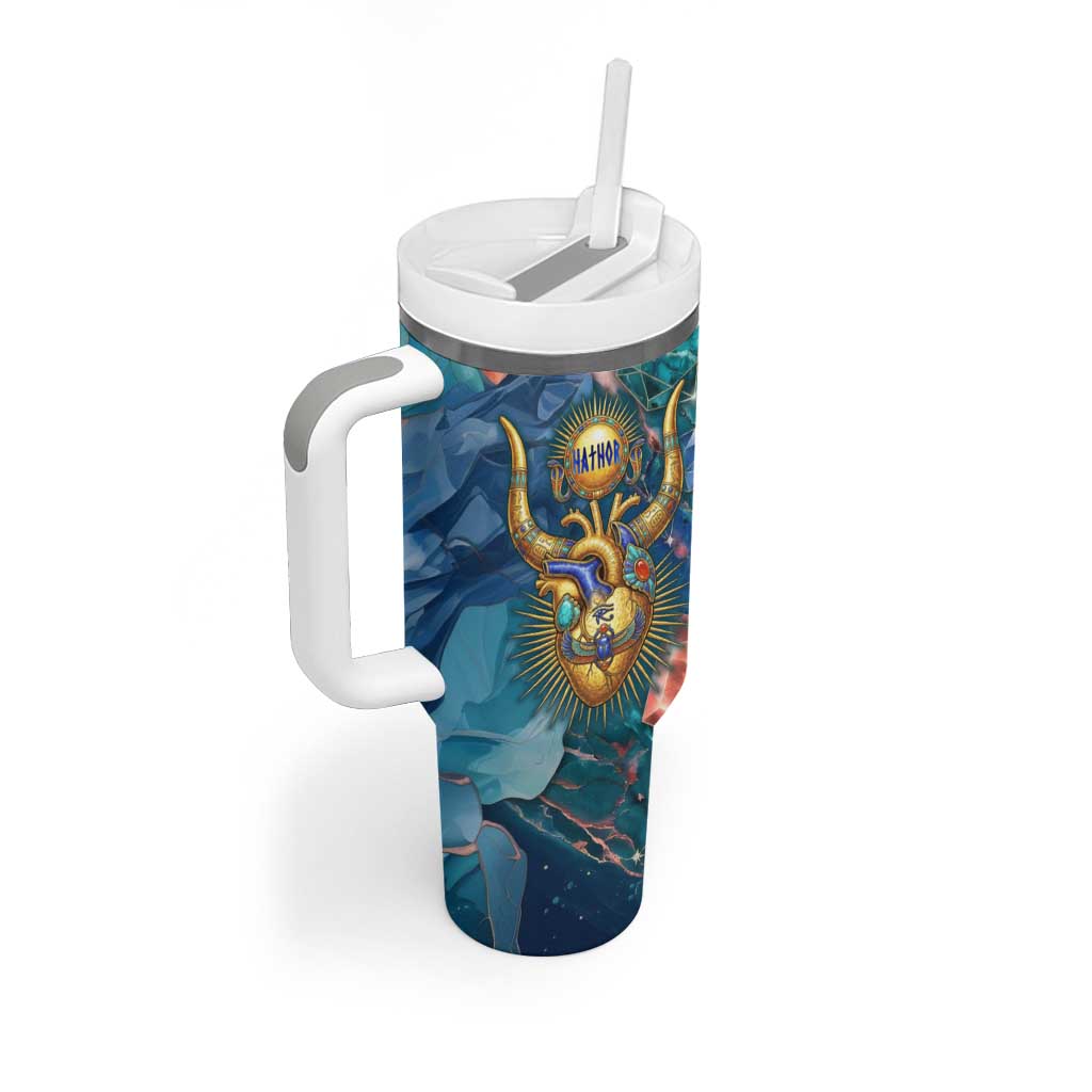 Hathor Golden Sacred Heart Egyptian Tumbler With Handle with Gemstone Pattern in Turquoise Theme
