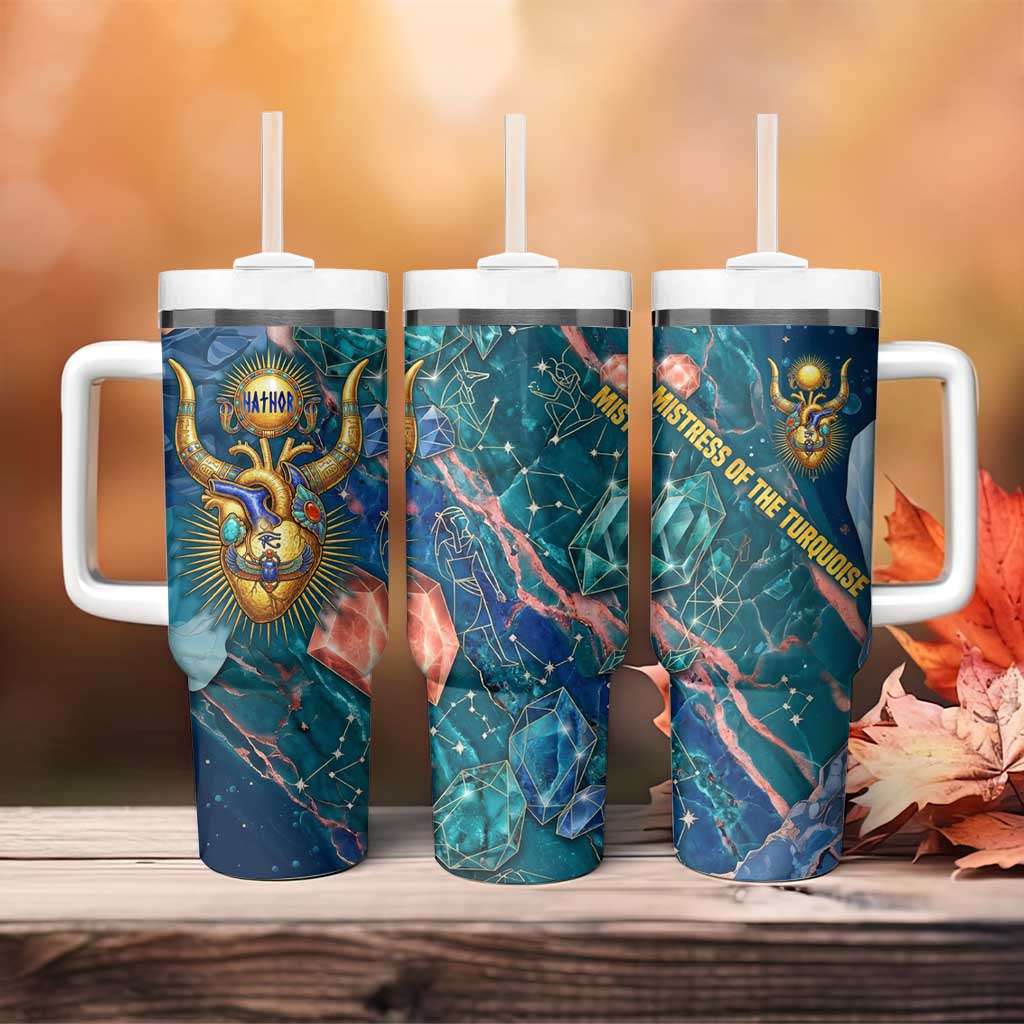 Hathor Golden Sacred Heart Egyptian Tumbler With Handle with Gemstone Pattern in Turquoise Theme