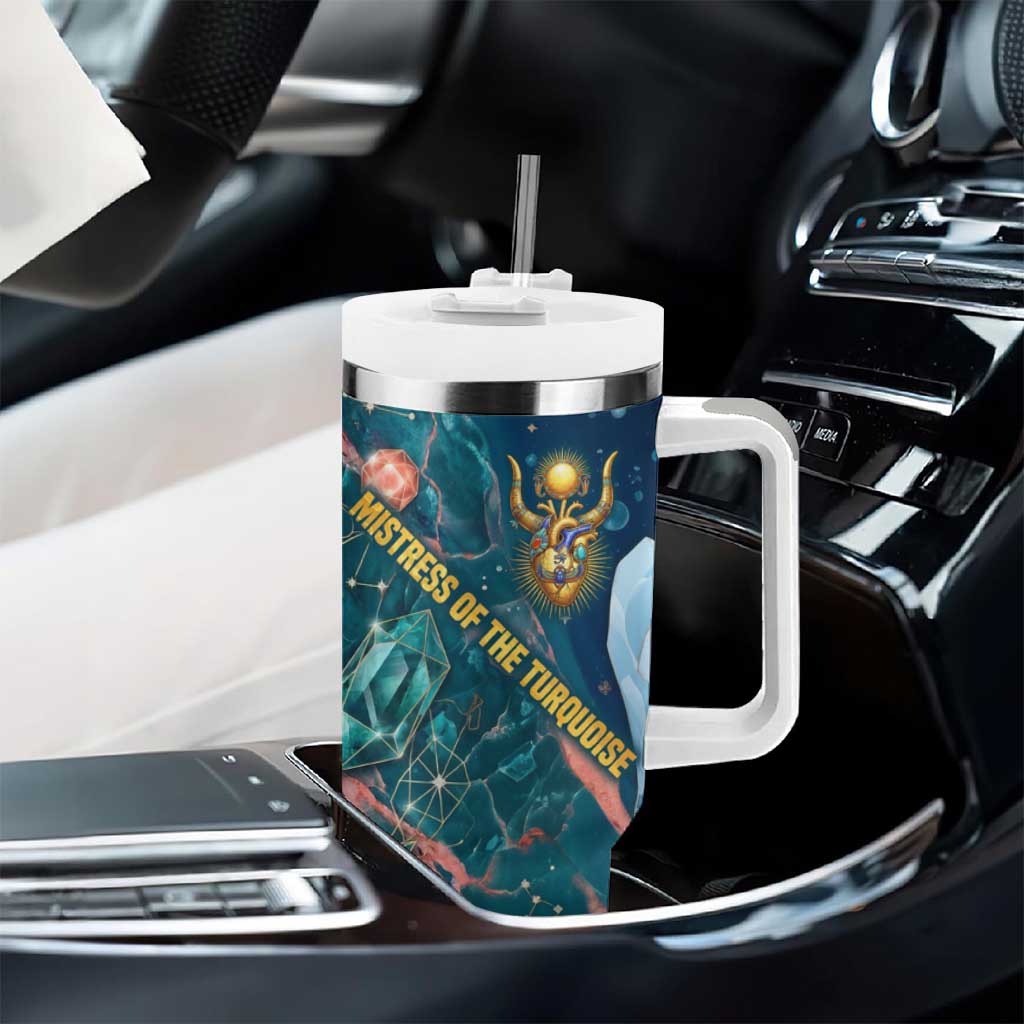 Hathor Golden Sacred Heart Egyptian Tumbler With Handle with Gemstone Pattern in Turquoise Theme