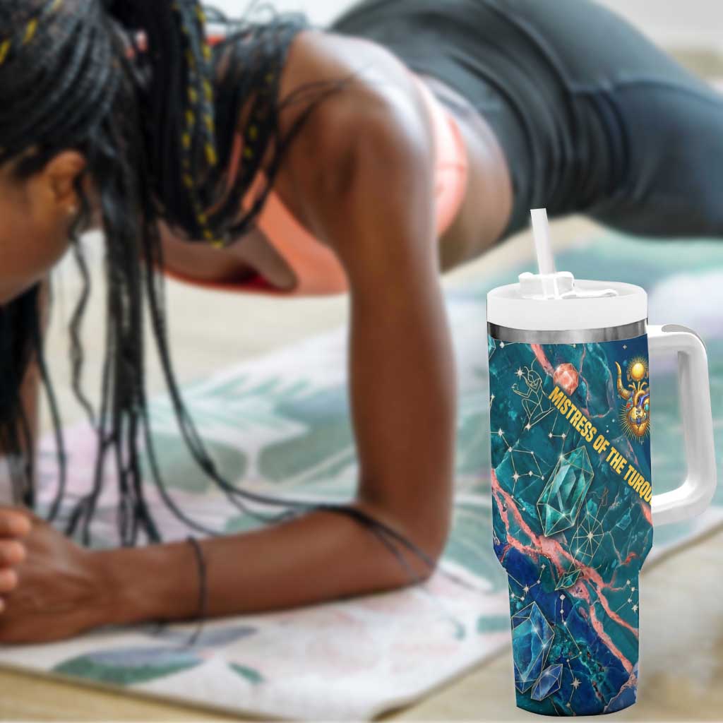Hathor Golden Sacred Heart Egyptian Tumbler With Handle with Gemstone Pattern in Turquoise Theme