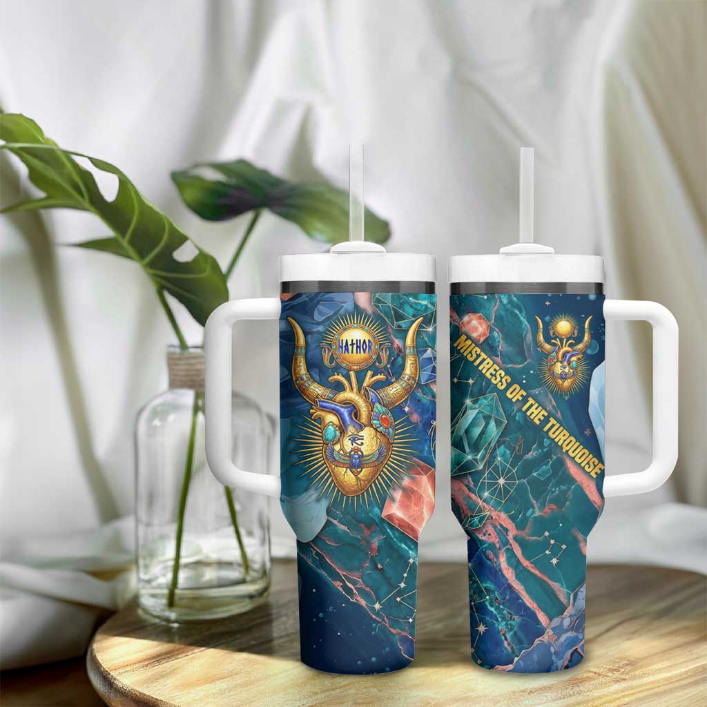 Hathor Golden Sacred Heart Egyptian Tumbler With Handle with Gemstone Pattern in Turquoise Theme