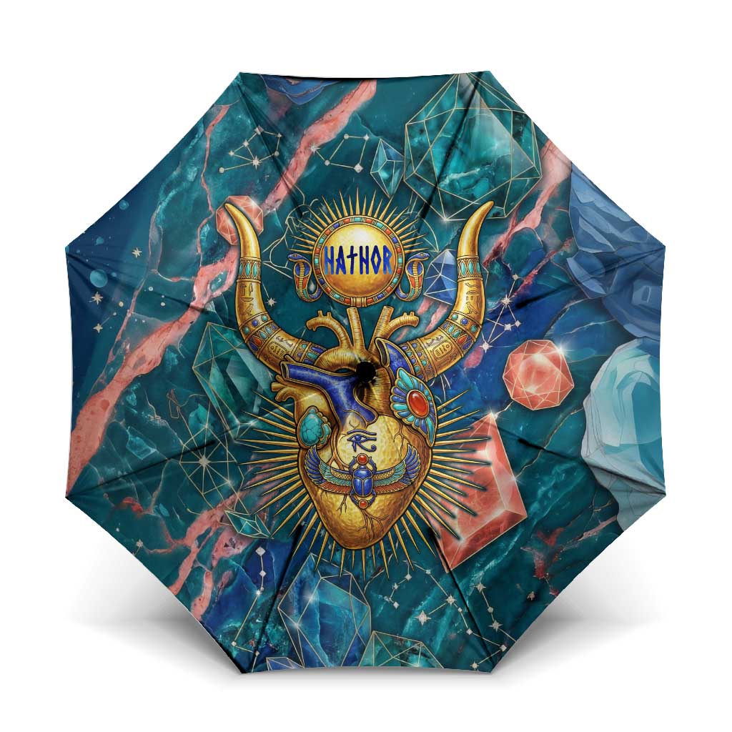 Hathor Golden Sacred Heart Egyptian Umbrella with Gemstone Pattern in Turquoise Theme