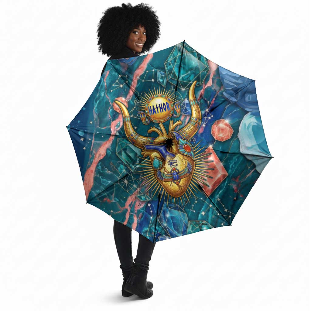 Hathor Golden Sacred Heart Egyptian Umbrella with Gemstone Pattern in Turquoise Theme