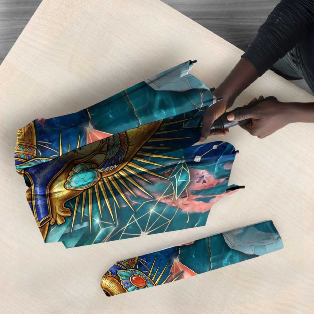 Hathor Golden Sacred Heart Egyptian Umbrella with Gemstone Pattern in Turquoise Theme