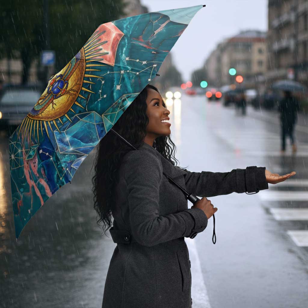 Hathor Golden Sacred Heart Egyptian Umbrella with Gemstone Pattern in Turquoise Theme
