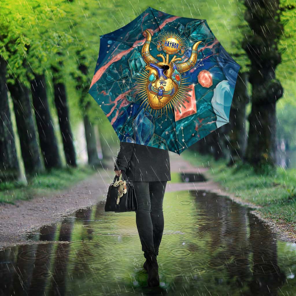 Hathor Golden Sacred Heart Egyptian Umbrella with Gemstone Pattern in Turquoise Theme