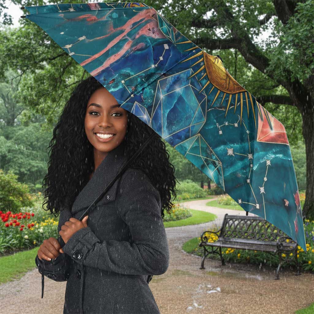 Hathor Golden Sacred Heart Egyptian Umbrella with Gemstone Pattern in Turquoise Theme