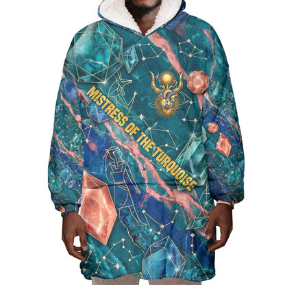 Hathor Golden Sacred Heart Egyptian Wearable Blanket Hoodie with Gemstone Pattern in Turquoise Theme