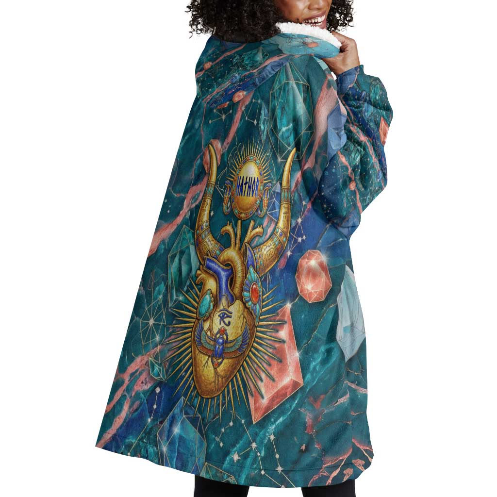 Hathor Golden Sacred Heart Egyptian Wearable Blanket Hoodie with Gemstone Pattern in Turquoise Theme