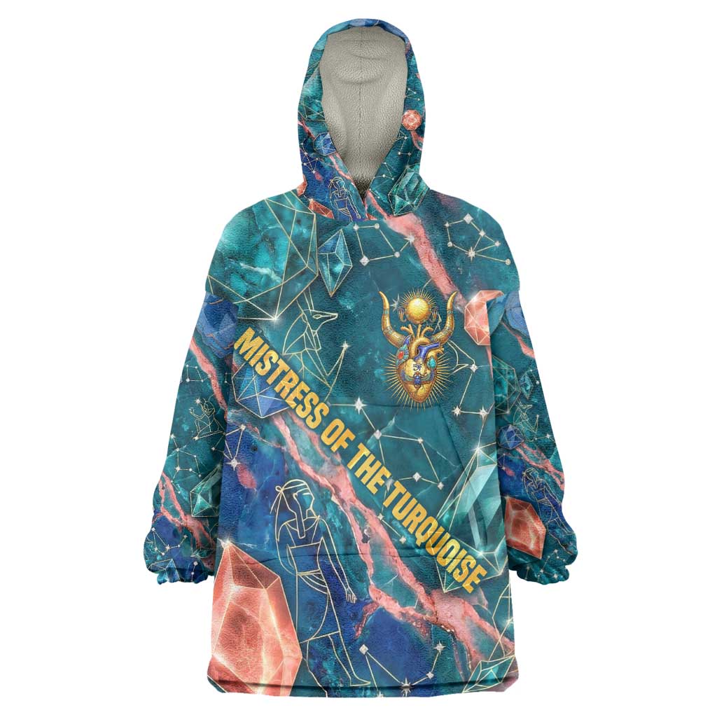 Hathor Golden Sacred Heart Egyptian Wearable Blanket Hoodie with Gemstone Pattern in Turquoise Theme