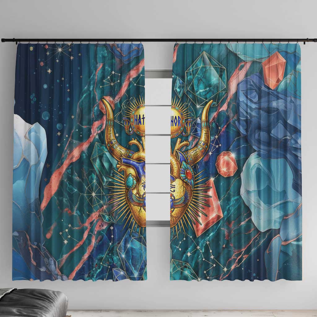 Hathor Golden Sacred Heart Egyptian Window Curtain with Gemstone Pattern in Turquoise Theme