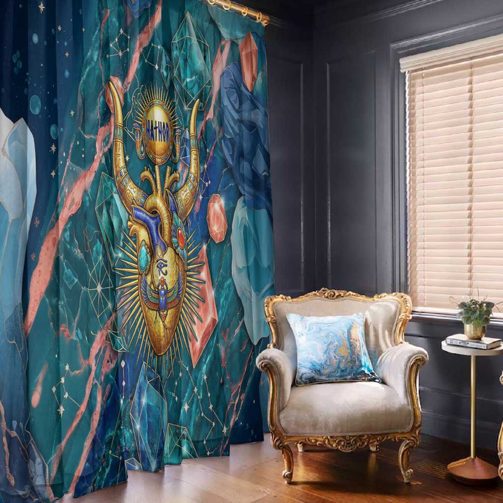 Hathor Golden Sacred Heart Egyptian Window Curtain with Gemstone Pattern in Turquoise Theme