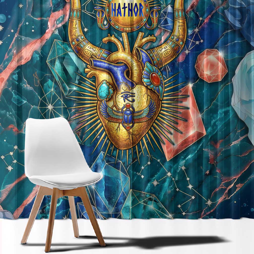 Hathor Golden Sacred Heart Egyptian Window Curtain with Gemstone Pattern in Turquoise Theme
