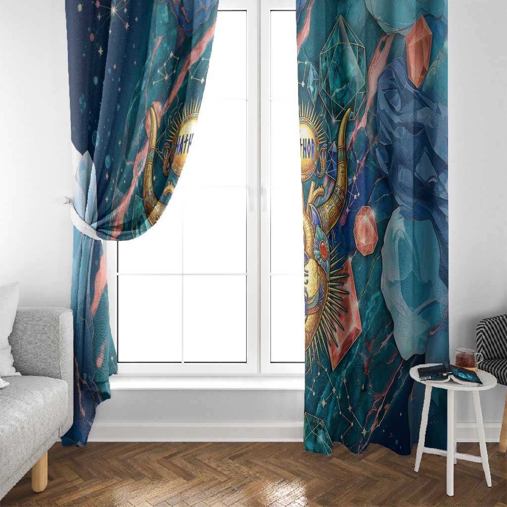 Hathor Golden Sacred Heart Egyptian Window Curtain with Gemstone Pattern in Turquoise Theme