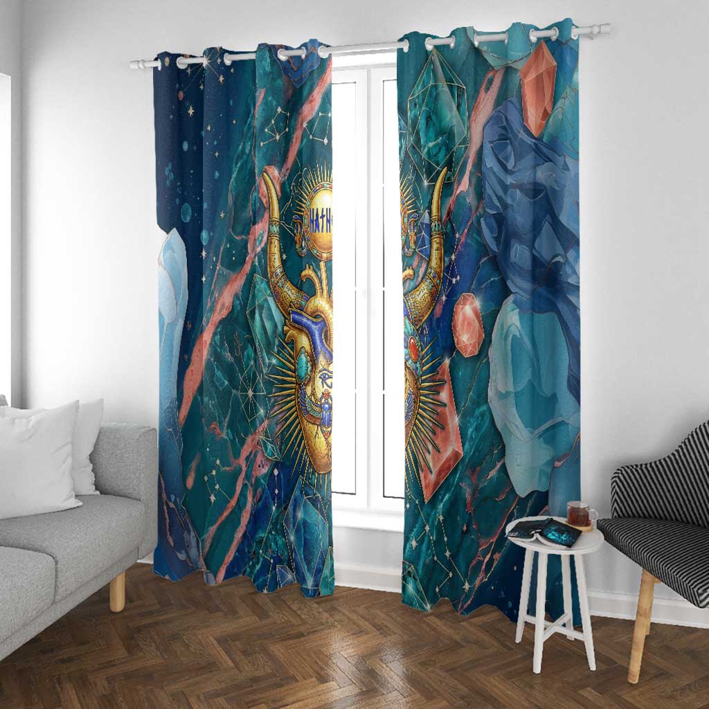 Hathor Golden Sacred Heart Egyptian Window Curtain with Gemstone Pattern in Turquoise Theme