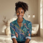 Hathor Golden Sacred Heart Egyptian Women Casual Shirt with Gemstone Pattern in Turquoise Theme
