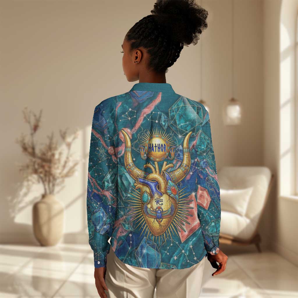 Hathor Golden Sacred Heart Egyptian Women Casual Shirt with Gemstone Pattern in Turquoise Theme