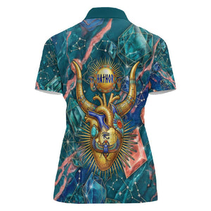 Hathor Golden Sacred Heart Egyptian Women Polo Shirt with Gemstone Pattern in Turquoise Theme