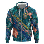 Hathor Golden Sacred Heart Egyptian Zip Hoodie with Gemstone Pattern in Turquoise Theme
