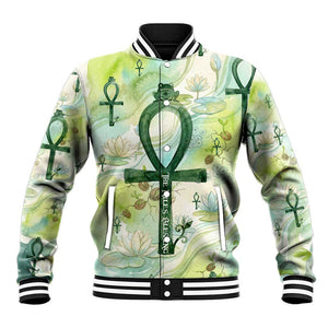 Heqet Nile Ankh Symbol Baseball Jacket Egyptian Lotus Motif in Watercolor Life Theme