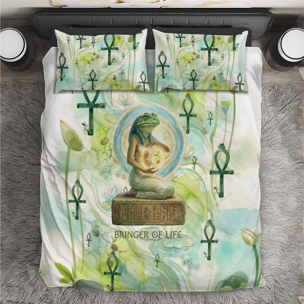 Heqet Nile Ankh Symbol Bedding Set Egyptian Lotus Motif in Watercolor Life Theme