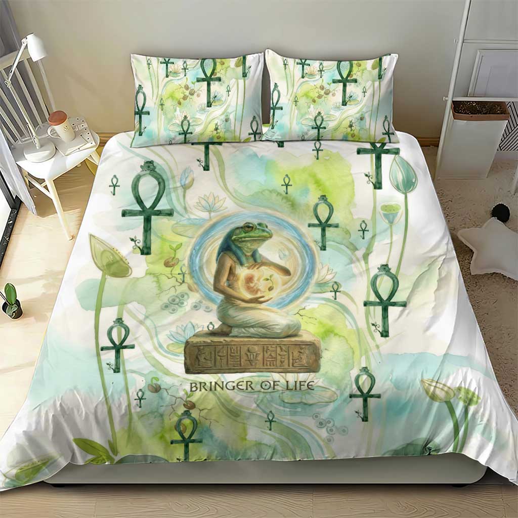 Heqet Nile Ankh Symbol Bedding Set Egyptian Lotus Motif in Watercolor Life Theme