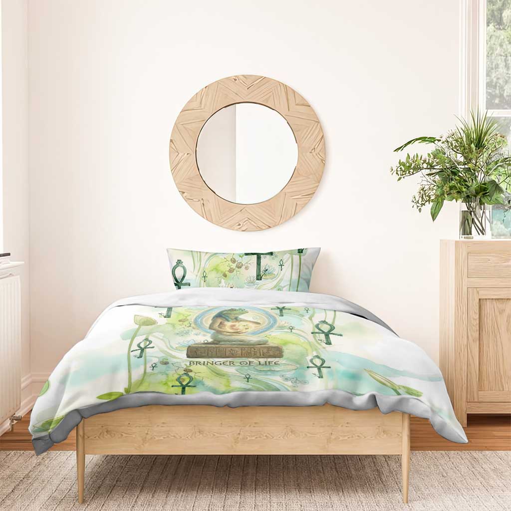 Heqet Nile Ankh Symbol Bedding Set Egyptian Lotus Motif in Watercolor Life Theme