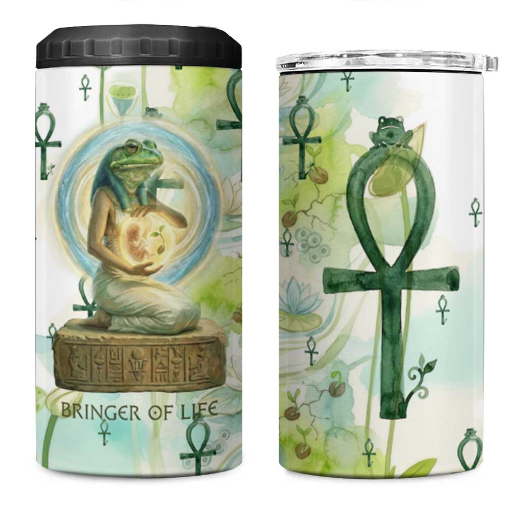 Heqet Nile Ankh Symbol 4 in 1 Can Cooler Tumbler Egyptian Lotus Motif in Watercolor Life Theme