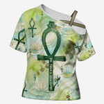 Heqet Nile Ankh Symbol Cross Shoulder Shirt Egyptian Lotus Motif in Watercolor Life Theme