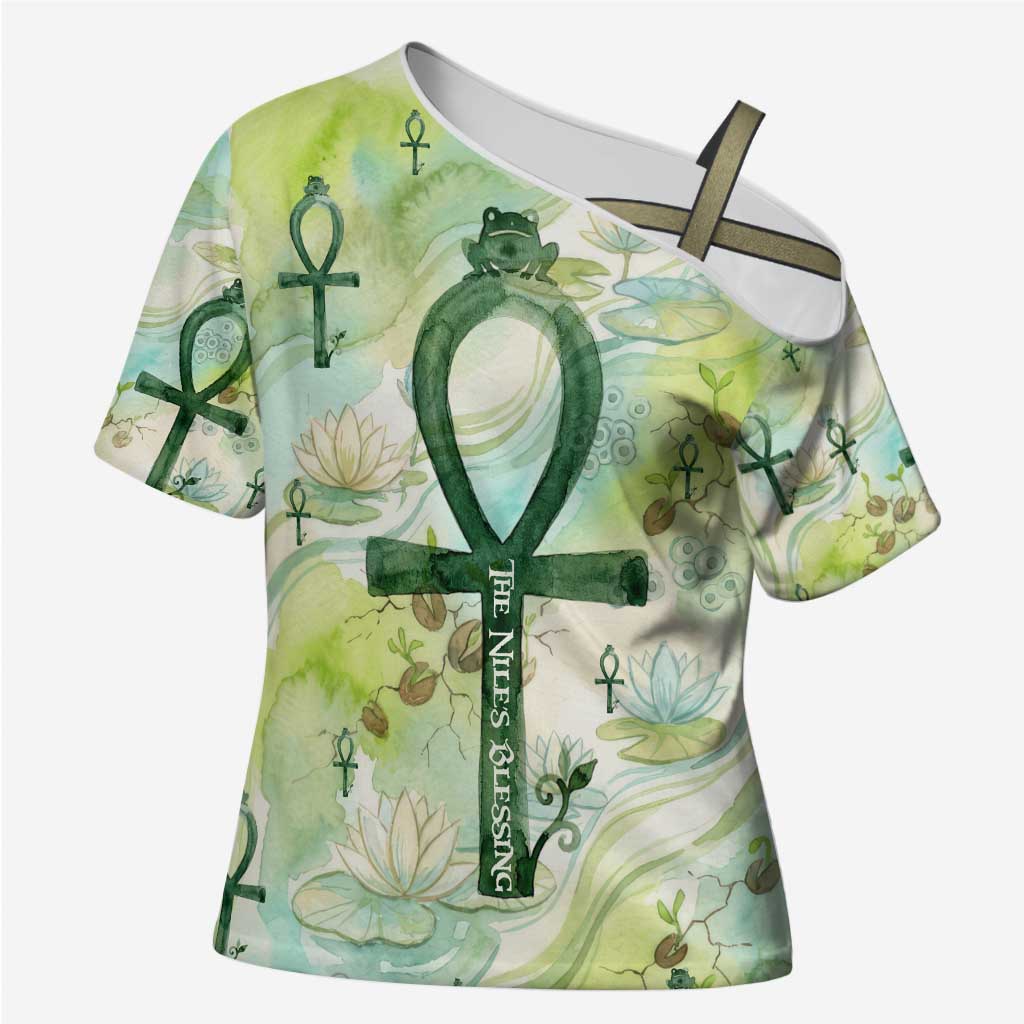 Heqet Nile Ankh Symbol Cross Shoulder Shirt Egyptian Lotus Motif in Watercolor Life Theme