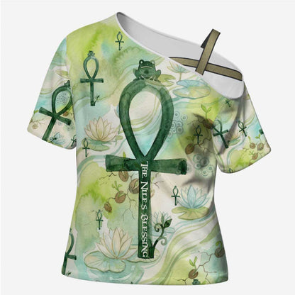Heqet Nile Ankh Symbol Cross Shoulder Shirt Egyptian Lotus Motif in Watercolor Life Theme