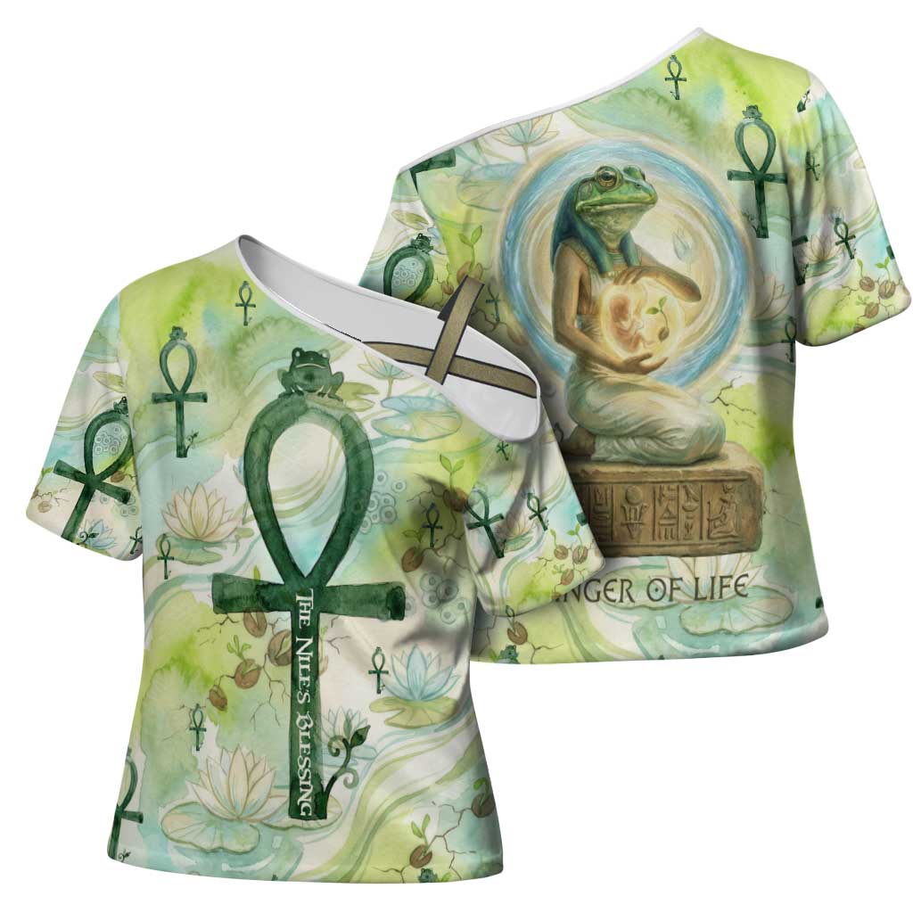 Heqet Nile Ankh Symbol Cross Shoulder Shirt Egyptian Lotus Motif in Watercolor Life Theme