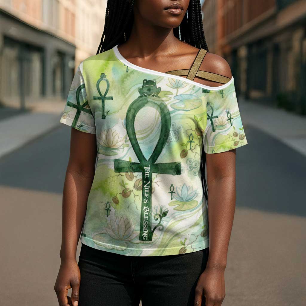 Heqet Nile Ankh Symbol Cross Shoulder Shirt Egyptian Lotus Motif in Watercolor Life Theme