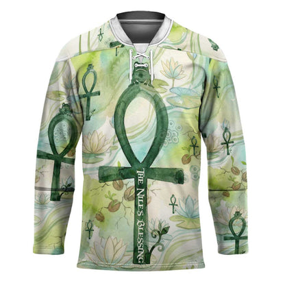 Heqet Nile Ankh Symbol Hockey Jersey Egyptian Lotus Motif in Watercolor Life Theme