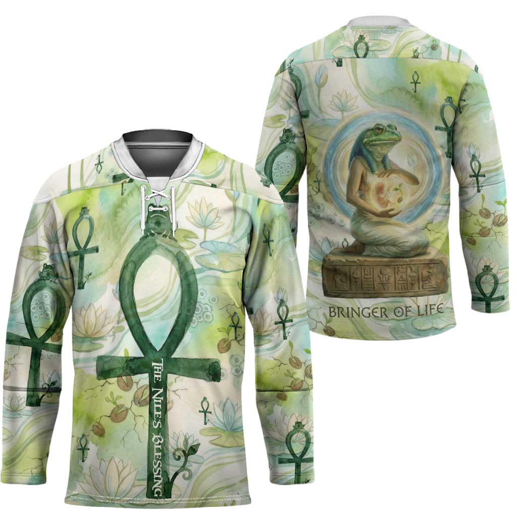 Heqet Nile Ankh Symbol Hockey Jersey Egyptian Lotus Motif in Watercolor Life Theme