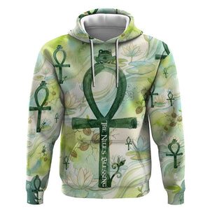 Heqet Nile Ankh Symbol Hoodie Egyptian Lotus Motif in Watercolor Life Theme