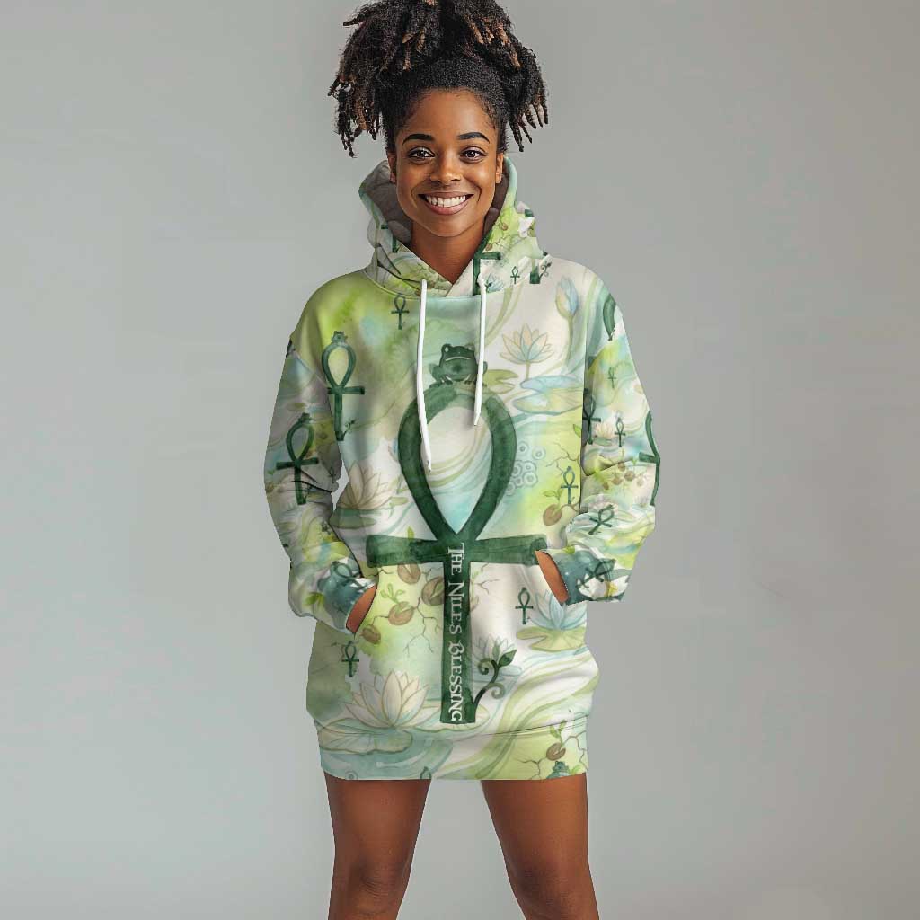 Heqet Nile Ankh Symbol Hoodie Dress Egyptian Lotus Motif in Watercolor Life Theme